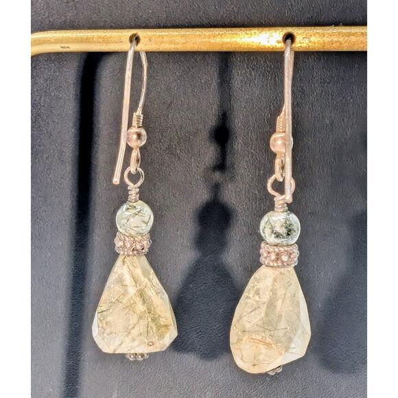 Vintage 925 Sterling Silver Ruff Cut Smoky Rutilated Quartz Dangle Earrings - Picture 5 of 5